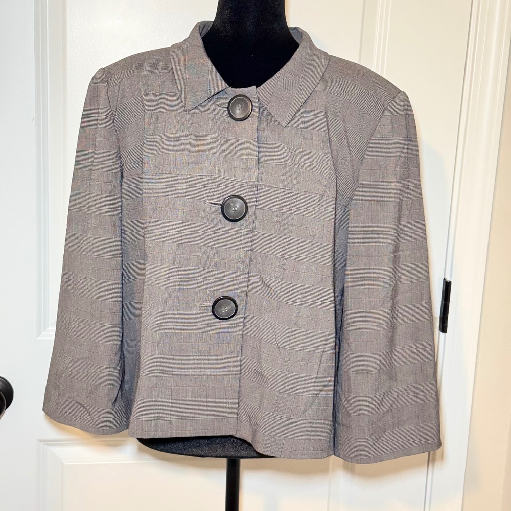 Style & Co Womens Grey Plaid Cropped Stretch Blazer Size 16 Preppy Business